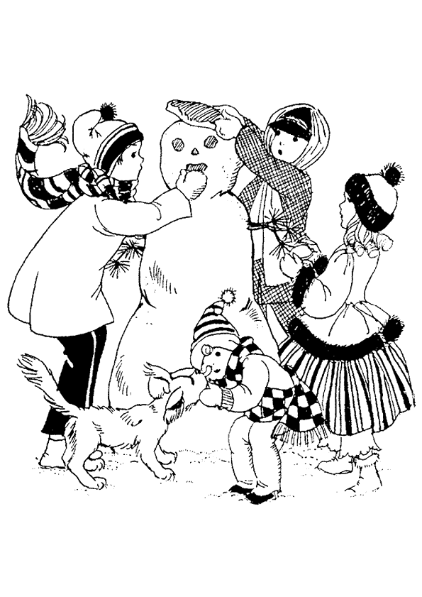 coloriage les enfants font un bonhomme de neige